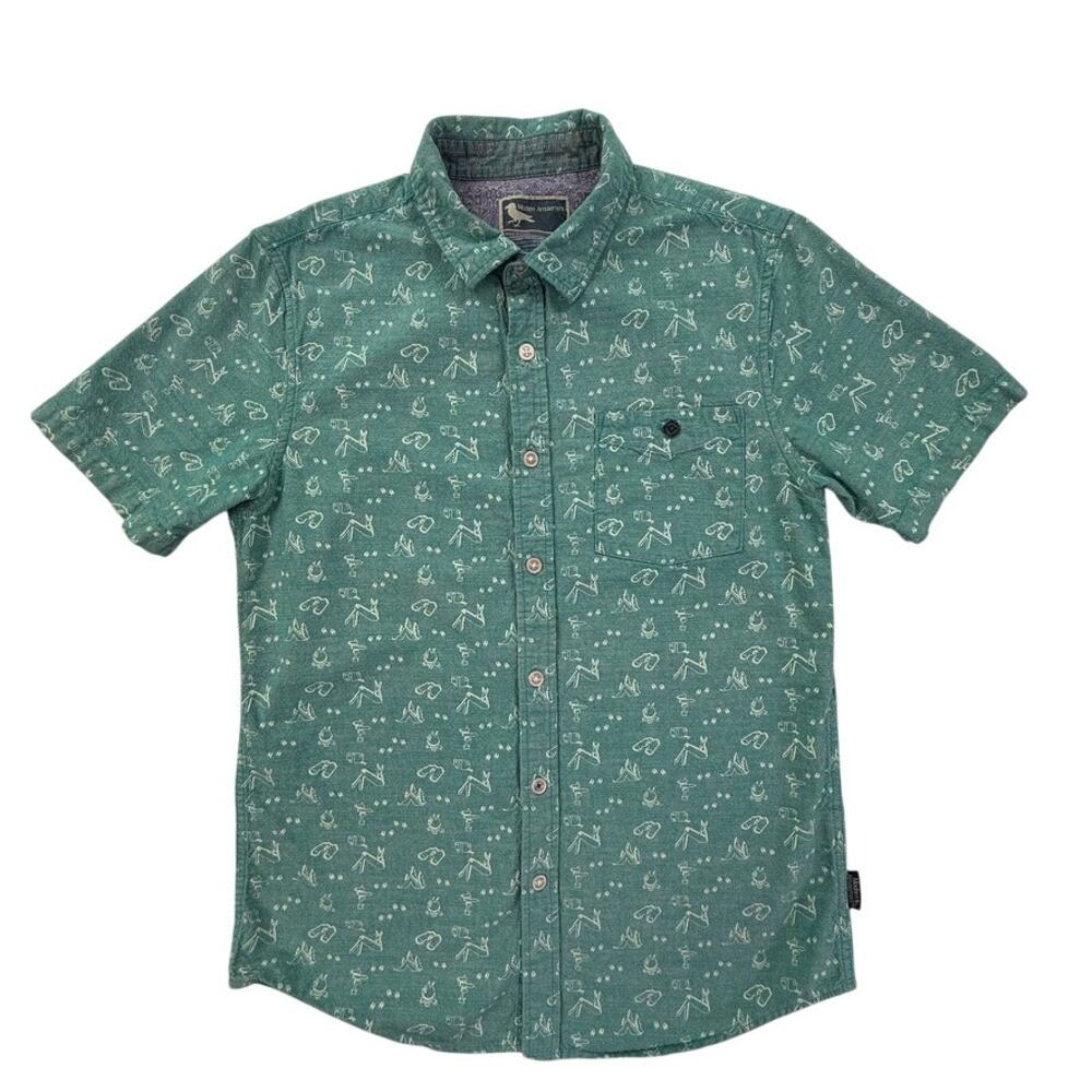 Modern Amusement Camping Print Shirt Men’s M Green Cotton Short Sleeve Button Up